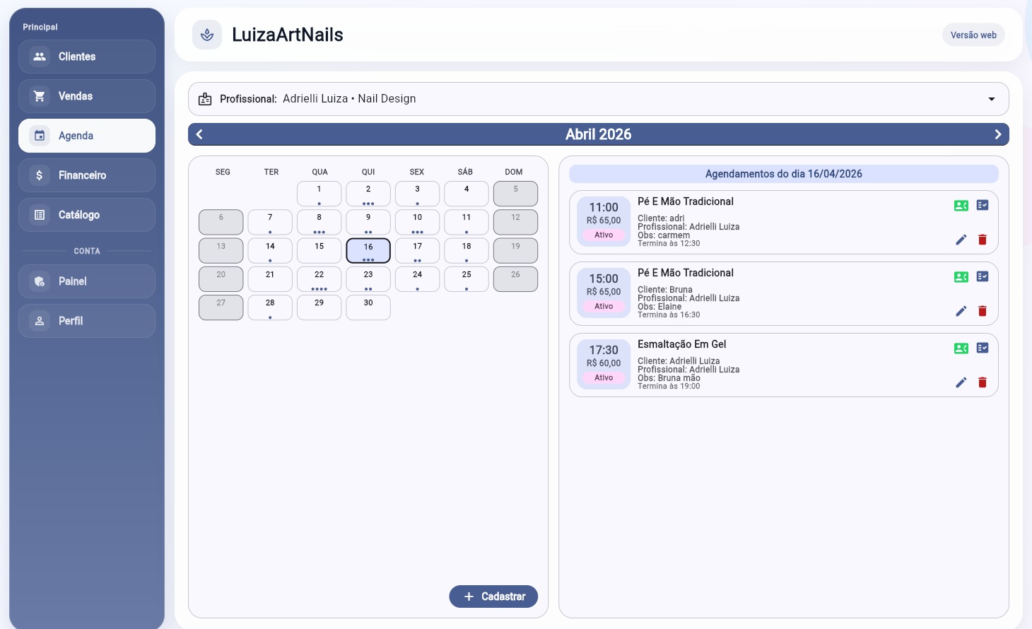 Tela do AgendaBox Web mostrando a gestão do negócio